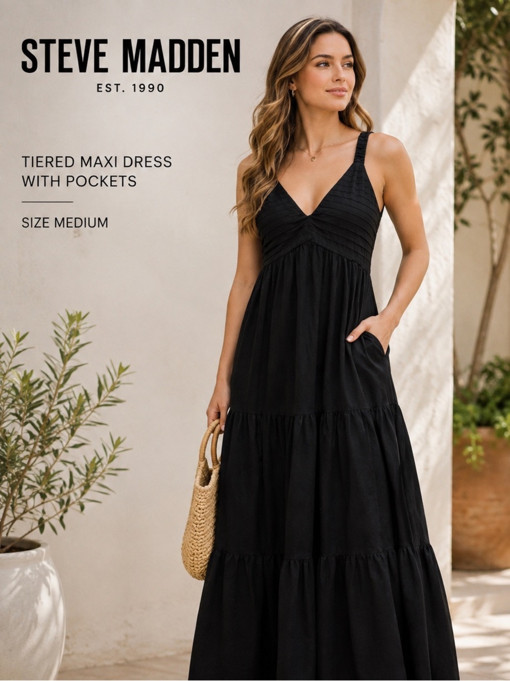 Steve Madden Black Tiered Maxi Dress with pockets Size Medium
